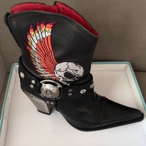 Black Boots with Skull and Wing Embroidery